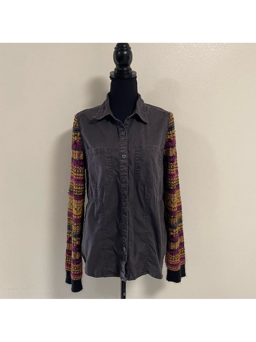 We The Free Shirt Women’s Size Medium Gray Fair Isle knit Sleeve Button up Shirt